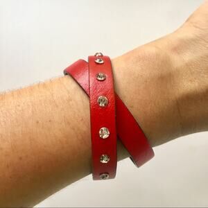 BOUTIQUE • Red Rhinestone Jeweled Wrap Statement Bracelet